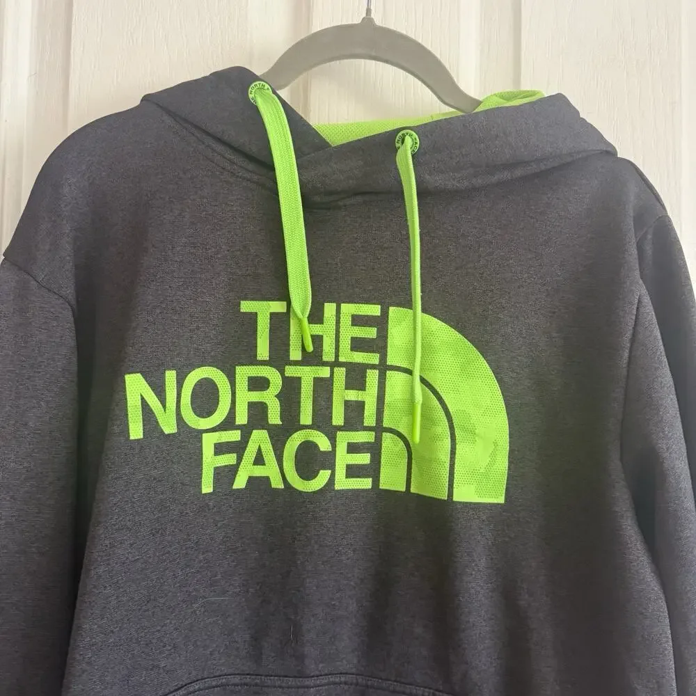 The North Face Men’s Hoodie Medium Dark Gray Neon Green Logo Pullover Kangaroo